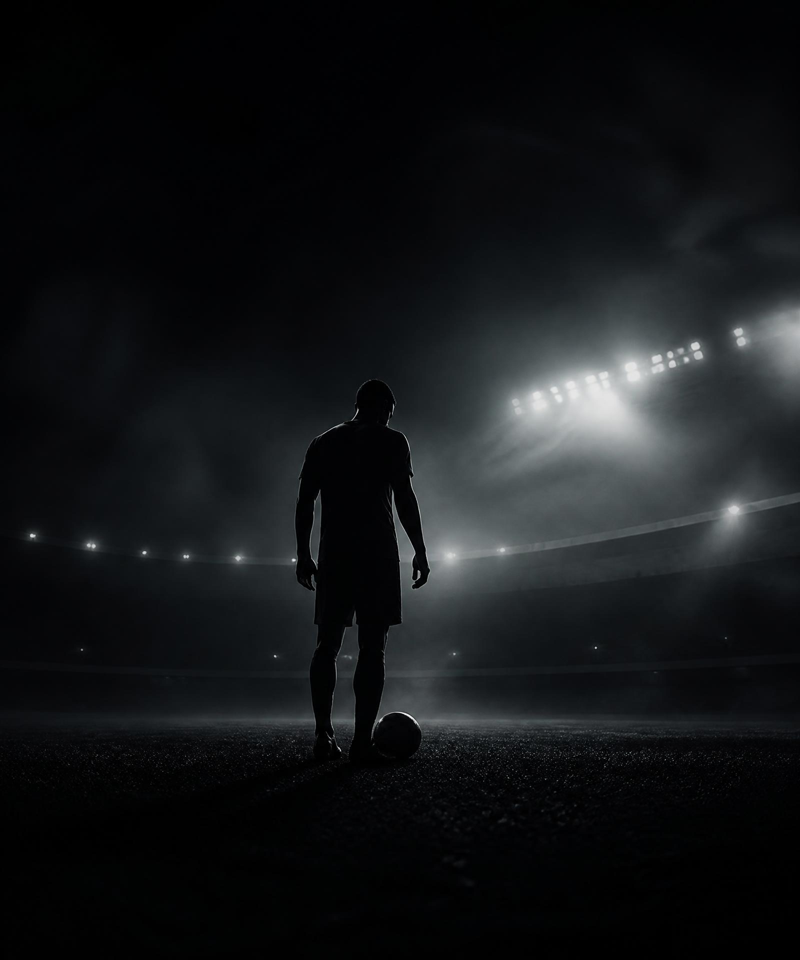 Footballer under stadium floodlights at night